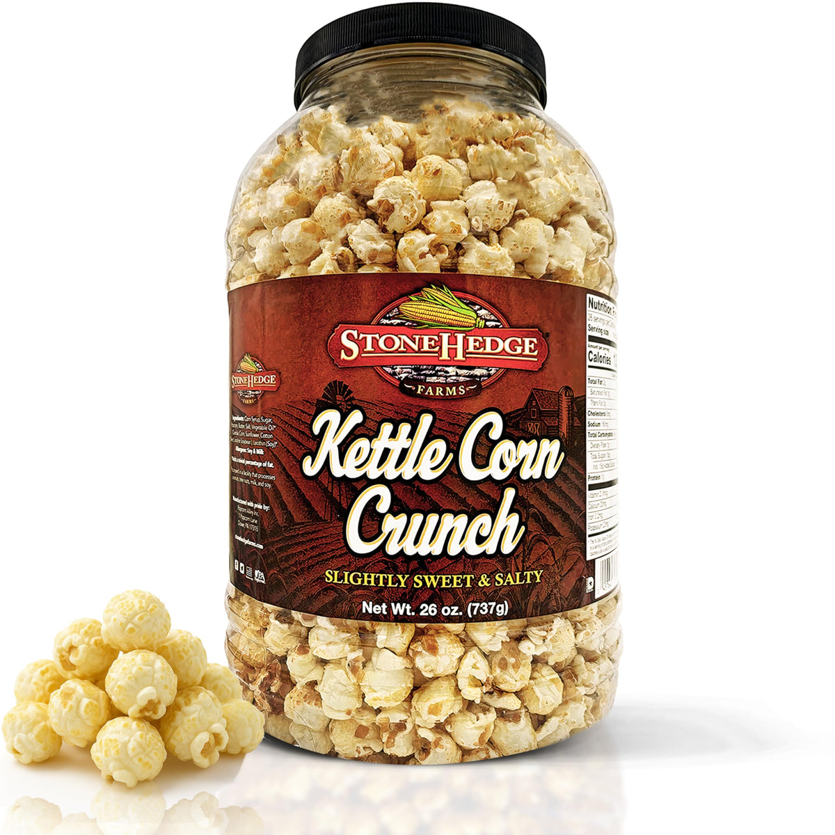 Stonehedge Farms Kettle Corn Crunch Popcorn in a 26 oz tub, ideal for sharing.