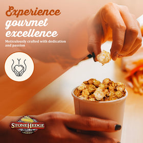 Stonehedge Farms made in USA; premium popcorn mix with quality ingredients.
