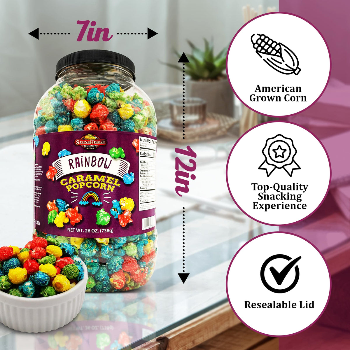 Stonehedge Farms Rainbow Caramel Popcorn in a 26 oz tub ready for sharing.