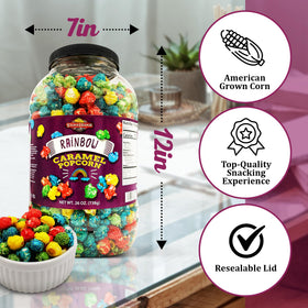 Stonehedge Farms Rainbow Caramel Popcorn in a 26 oz tub ready for sharing.