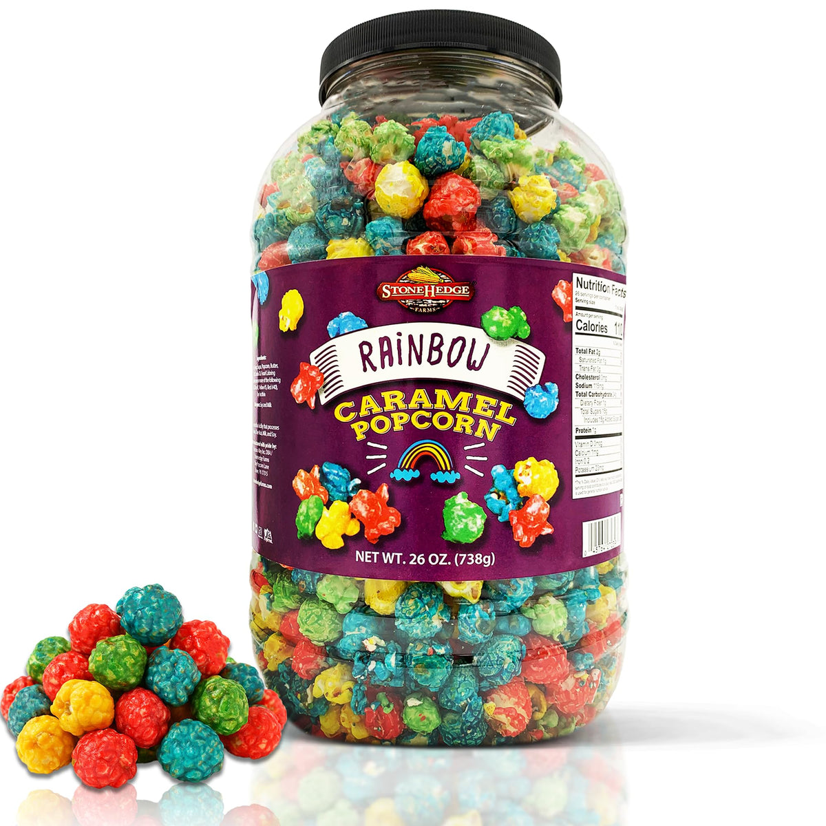 Stonehedge Farms Rainbow Caramel Popcorn close-up in a bowl, highlighting colorful, crunchy texture.