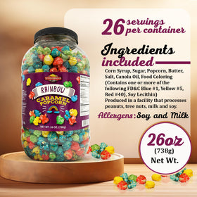 Stonehedge Farms Rainbow Caramel Popcorn shows vivid colors ideal for party snacking.