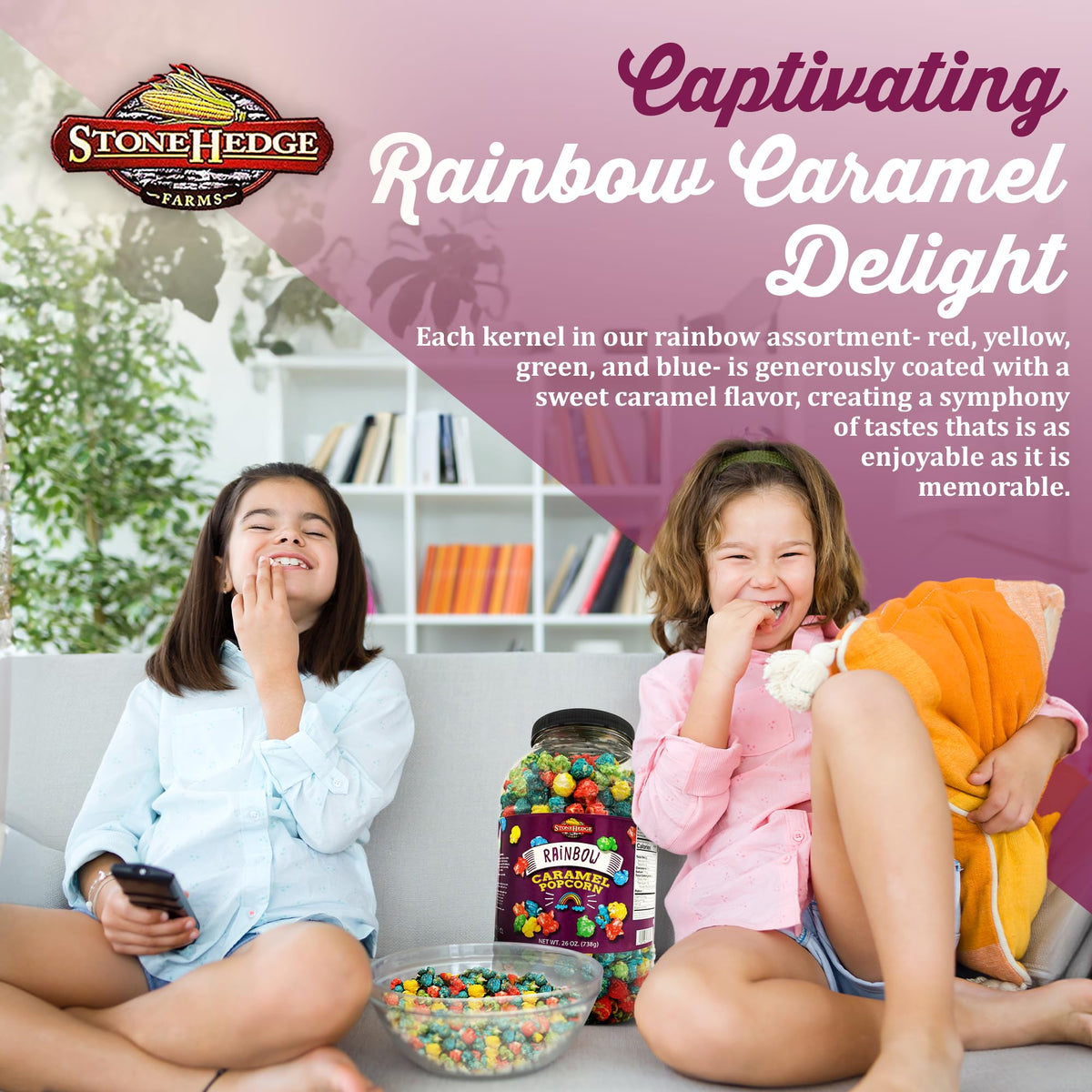 Stonehedge Farms Rainbow Caramel Popcorn arranged for a festive table display.