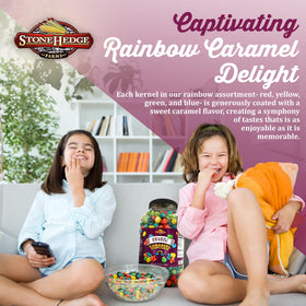 Stonehedge Farms Rainbow Caramel Popcorn arranged for a festive table display.
