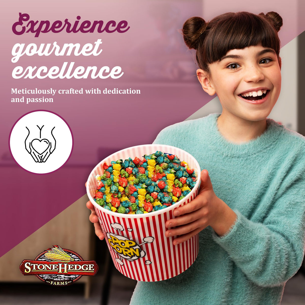 Stonehedge Farms Rainbow Caramel Popcorn shown as a ready-to-gift treat.