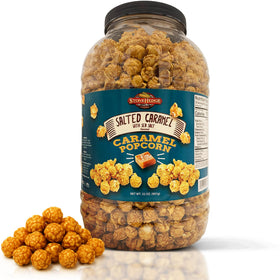 Stonehedge Farms salted caramel popcorn tub with buttery glaze, ideal for sharing.
