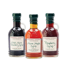 Stonewall Kitchen 3-piece syrup collection packaging showcases premium gift-ready presentation for brunch.