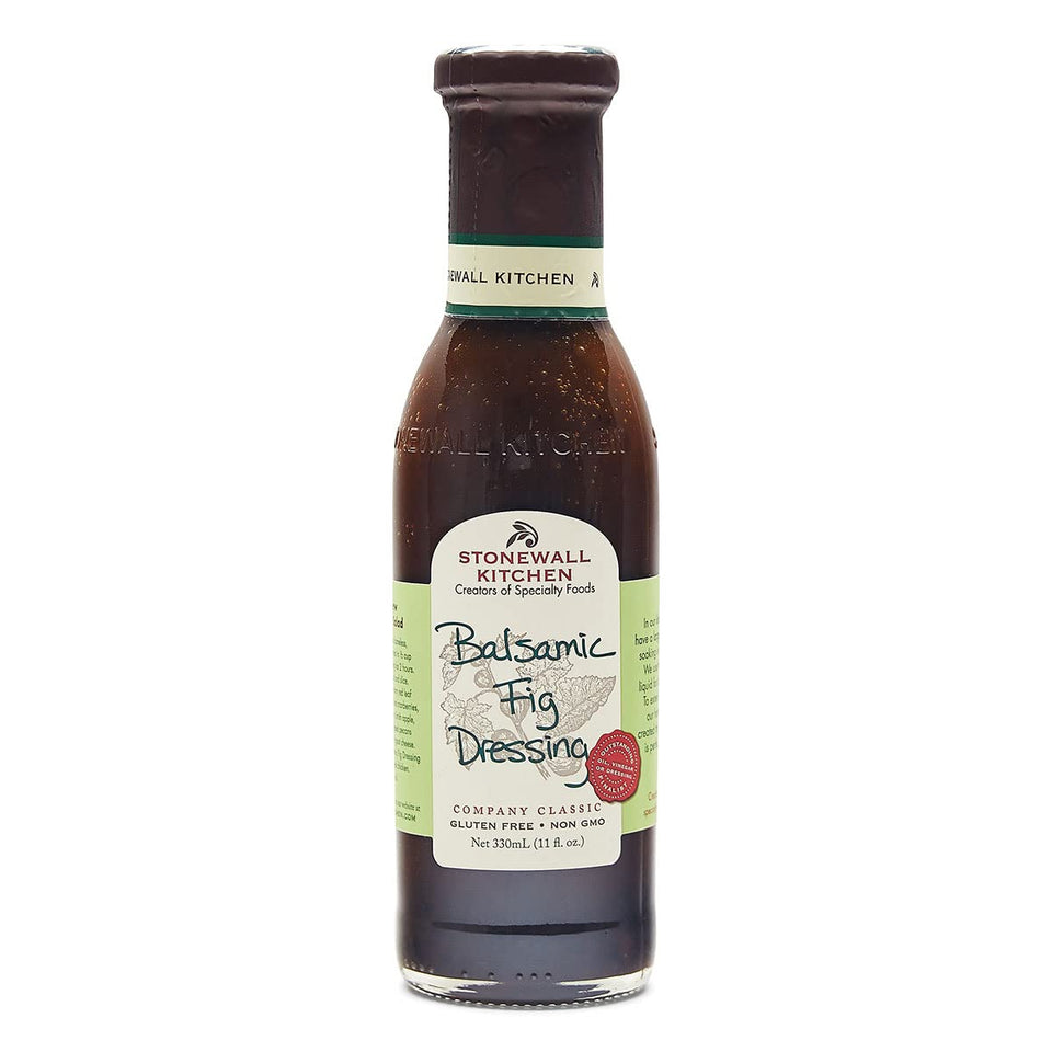 Stonewall Kitchen balsamic fig dressing bottle closeup, showcasing rich flavor perfect for salads.