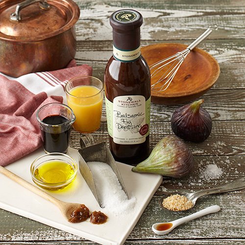 Stonewall Kitchen balsamic fig dressing glass jar, showcasing premium packaging and ingredients.