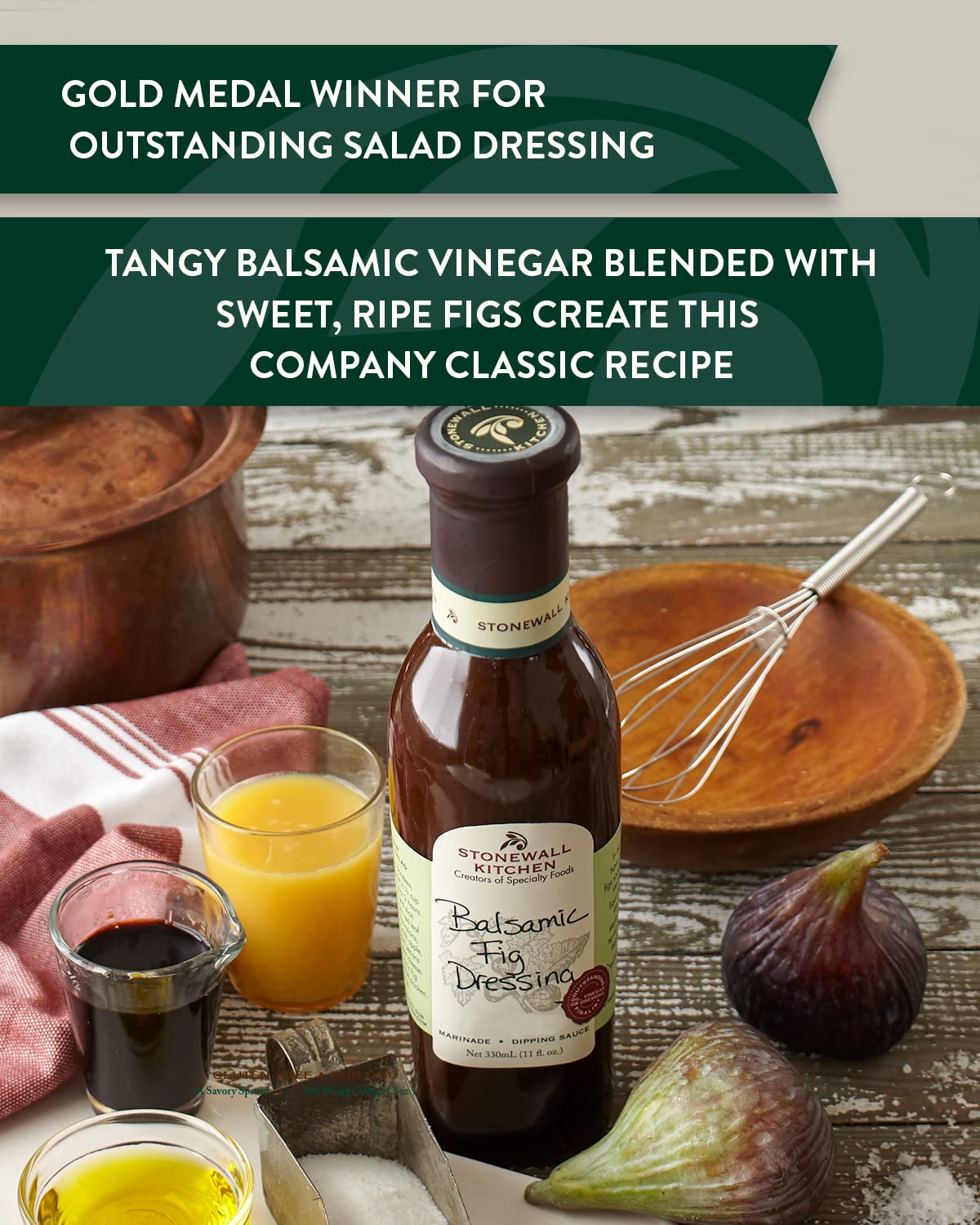 Stonewall Kitchen Balsamic Fig Dressing pour-over closeup showing glaze potential.