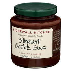 Stonewall Kitchen Bittersweet Chocolate Sauce on pantry shelf highlight premium ingredient.