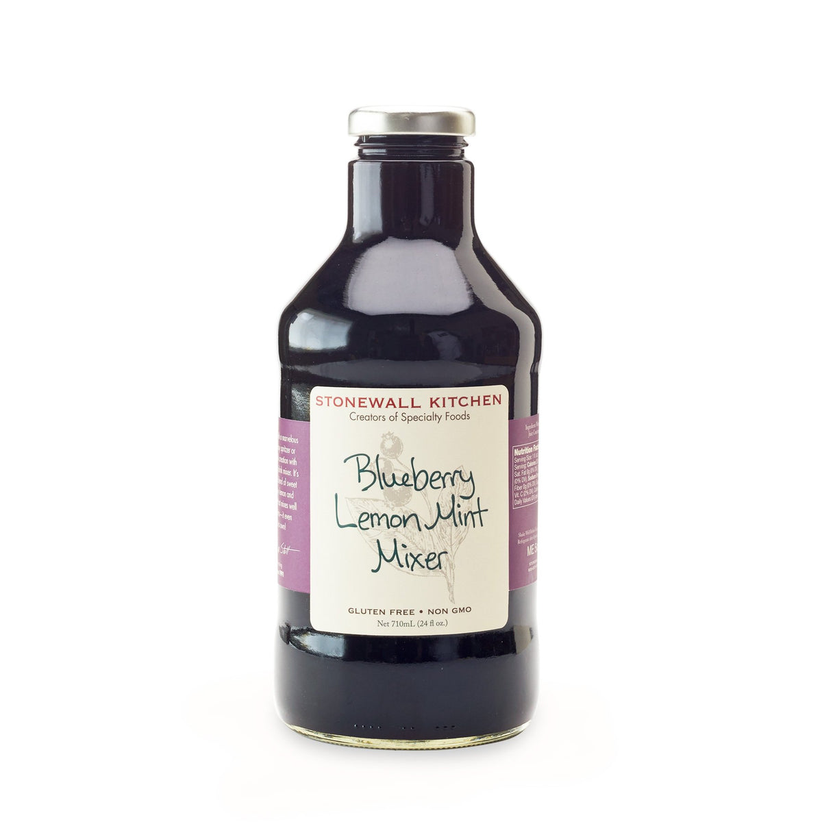 Stonewall Kitchen Blueberry Lemon Mint Mixer bottle pour showcases its smooth pour for refreshing drinks