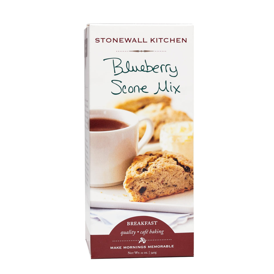 Stonewall Kitchen Blueberry Scone Mix box on kitchen counter, easy mornings