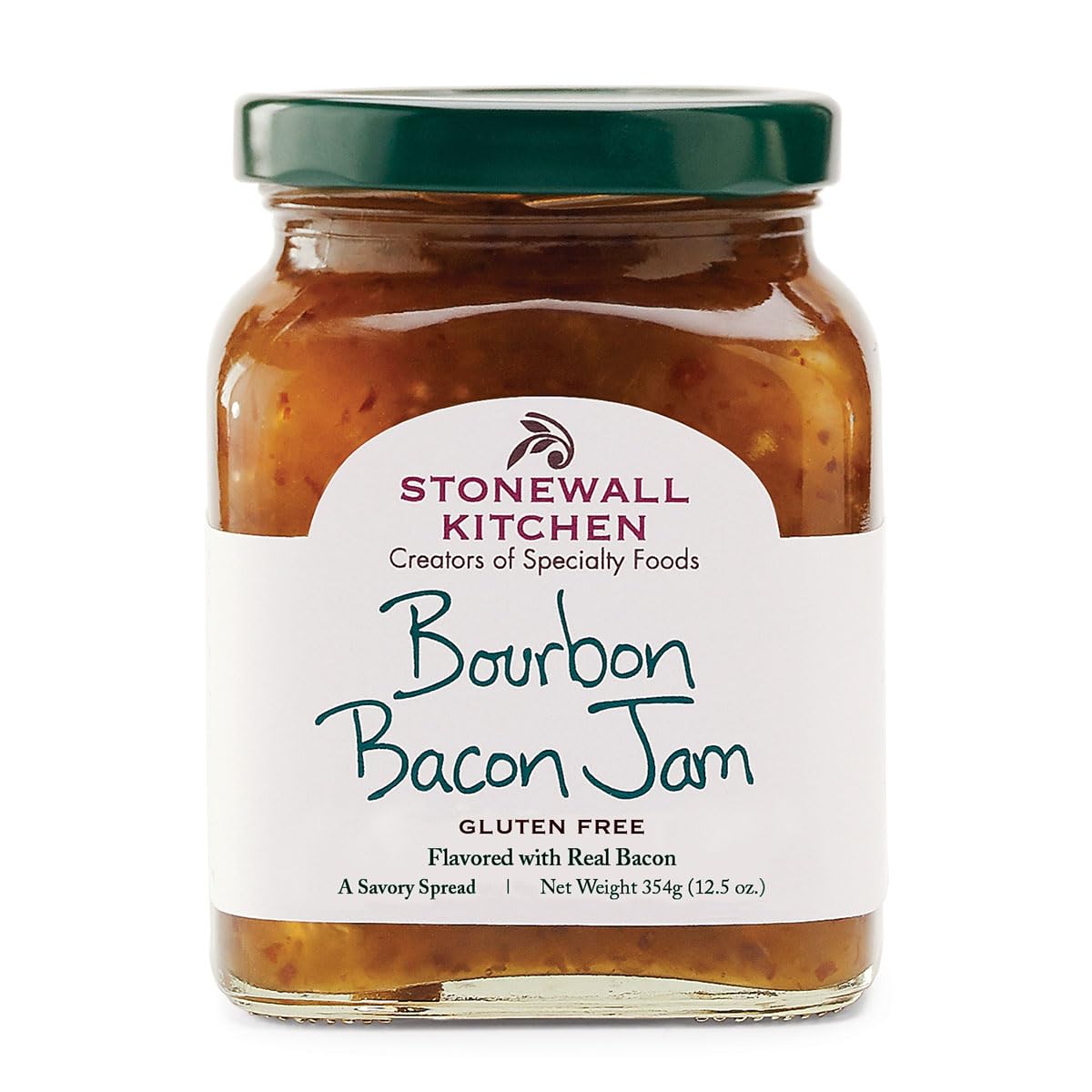 Stonewall Kitchen Bourbon Bacon Jam jar showing real bacon pieces and glaze