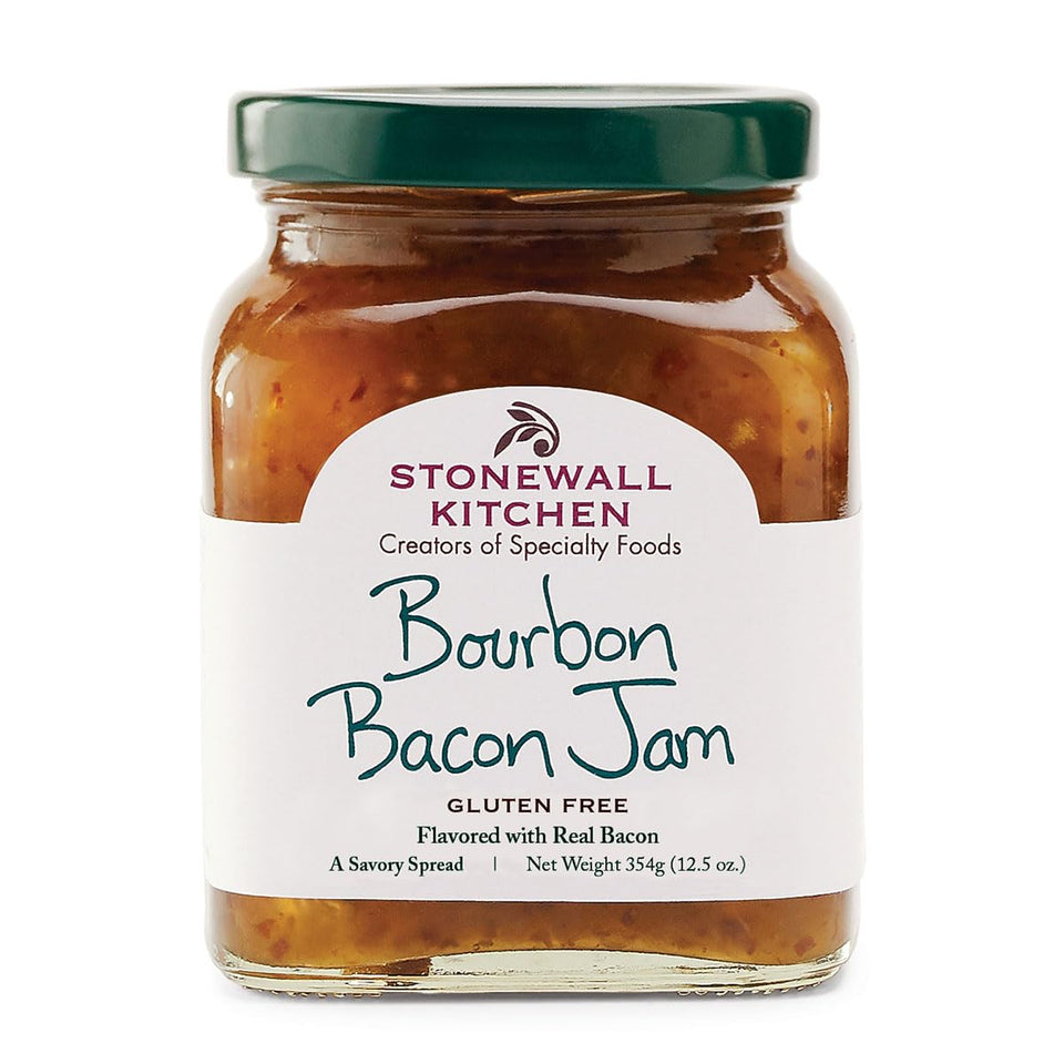 Stonewall Kitchen Bourbon Bacon Jam jar showing real bacon pieces and glaze