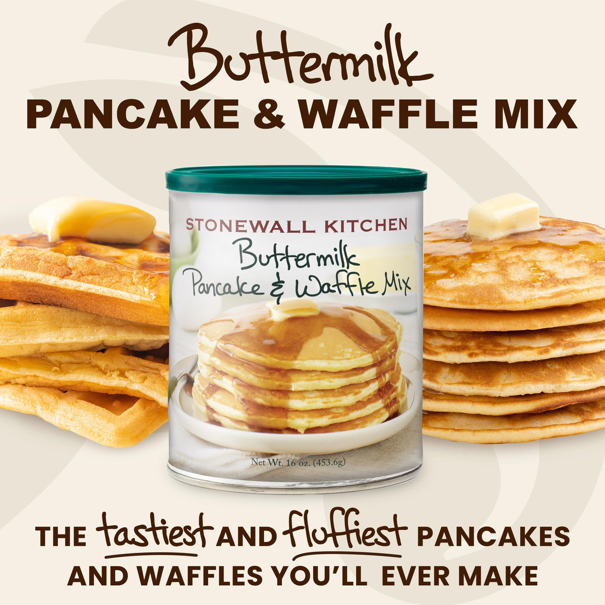 Pouring Stonewall Kitchen Buttermilk Pancake Mix batter from bowl