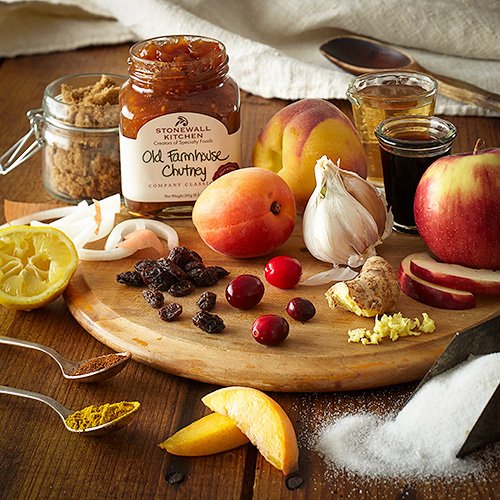 Stonewall Kitchen chutney gift shelf display shows four-jar collection.