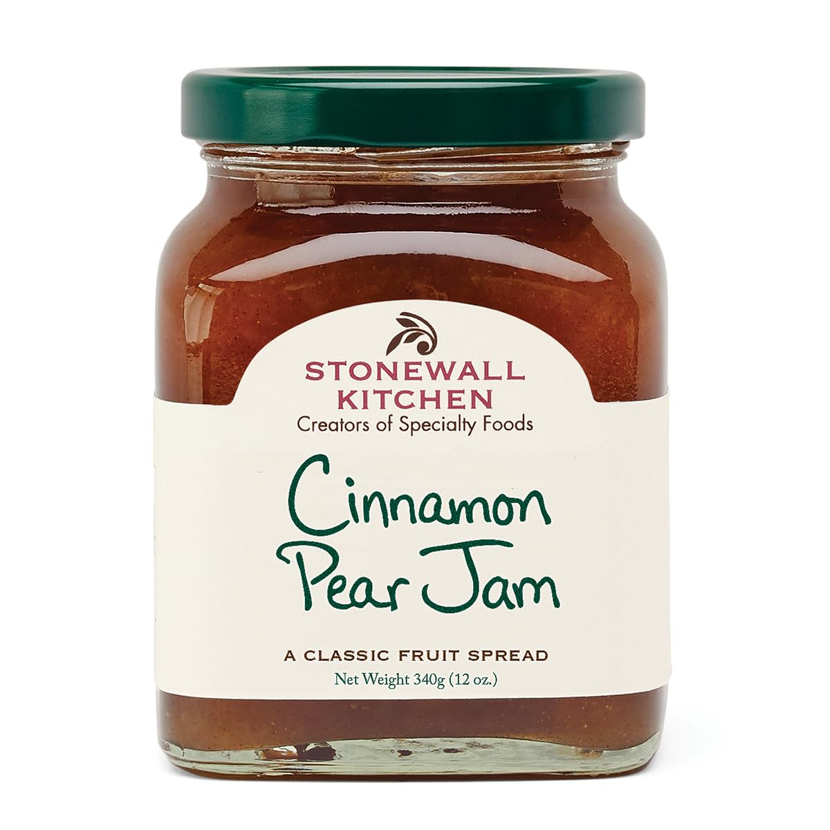 Stonewall Kitchen Cinnamon Pear Jam jar on rustic wood, ideal for breakfast spreads.