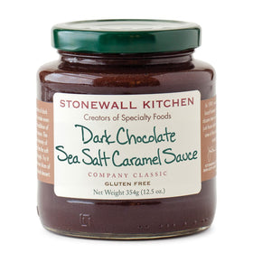 Stonewall Kitchen dark chocolate sea salt caramel sauce bottle with rich drizzle.