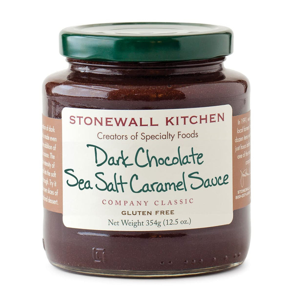 Stonewall Kitchen dark chocolate sea salt caramel sauce bottle with rich drizzle.