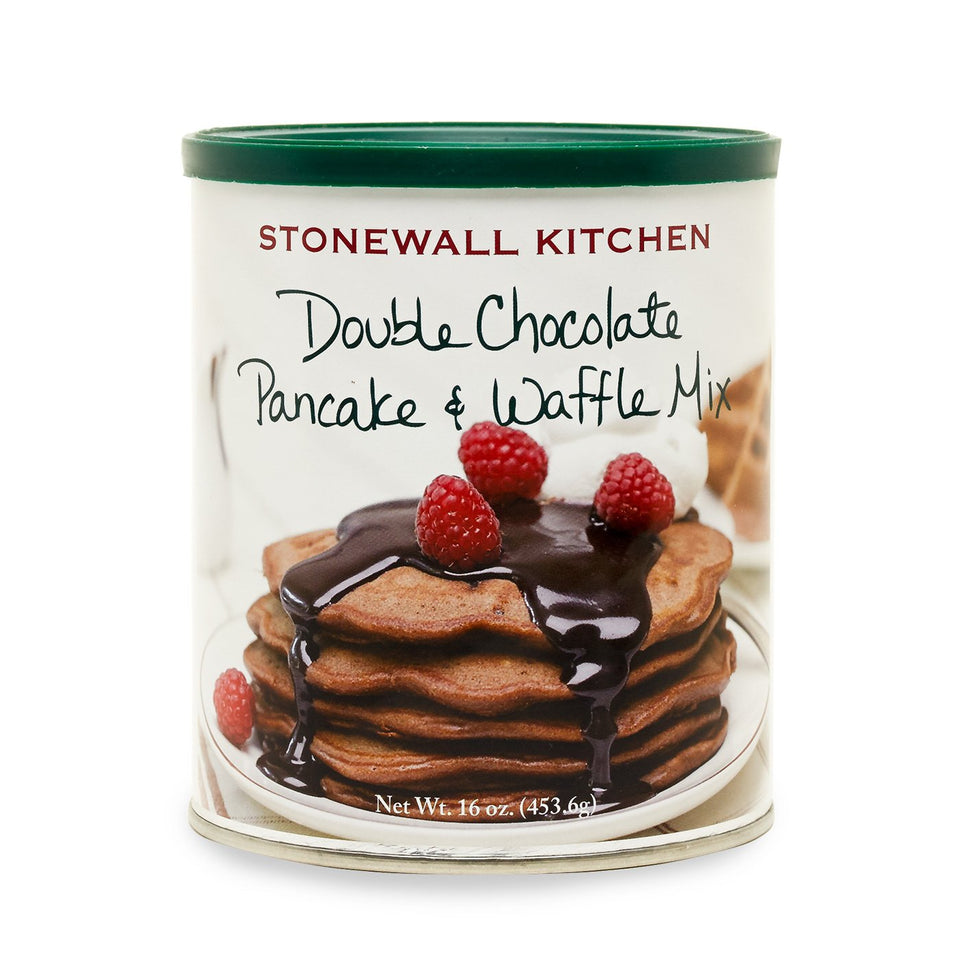 Stonewall Kitchen Double Chocolate Pancake Mix box ready to bake for a rich breakfast moment
