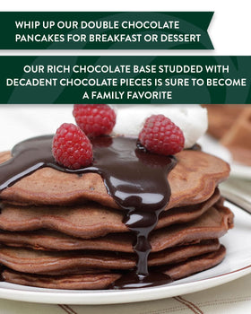 Stonewall Kitchen batter being poured for fluffy pancakes with deep chocolate flavor
