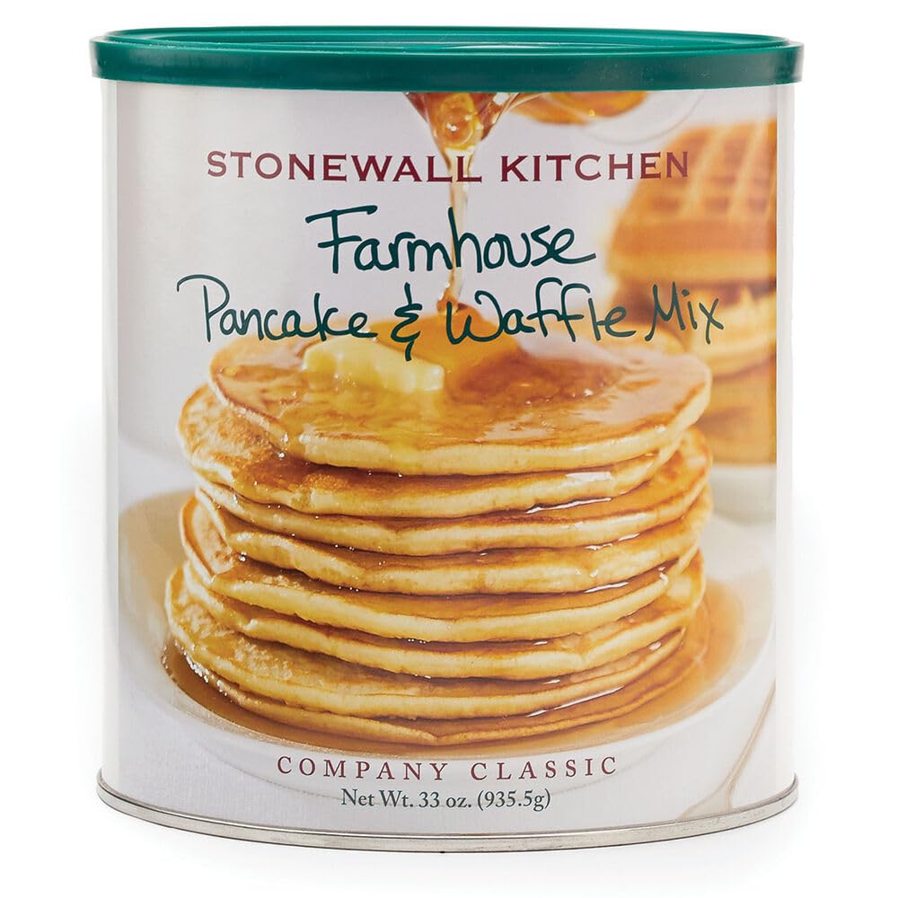 Stonewall Kitchen Farmhouse Pancake & Waffle Mix 33oz tin front for quick breakfasts