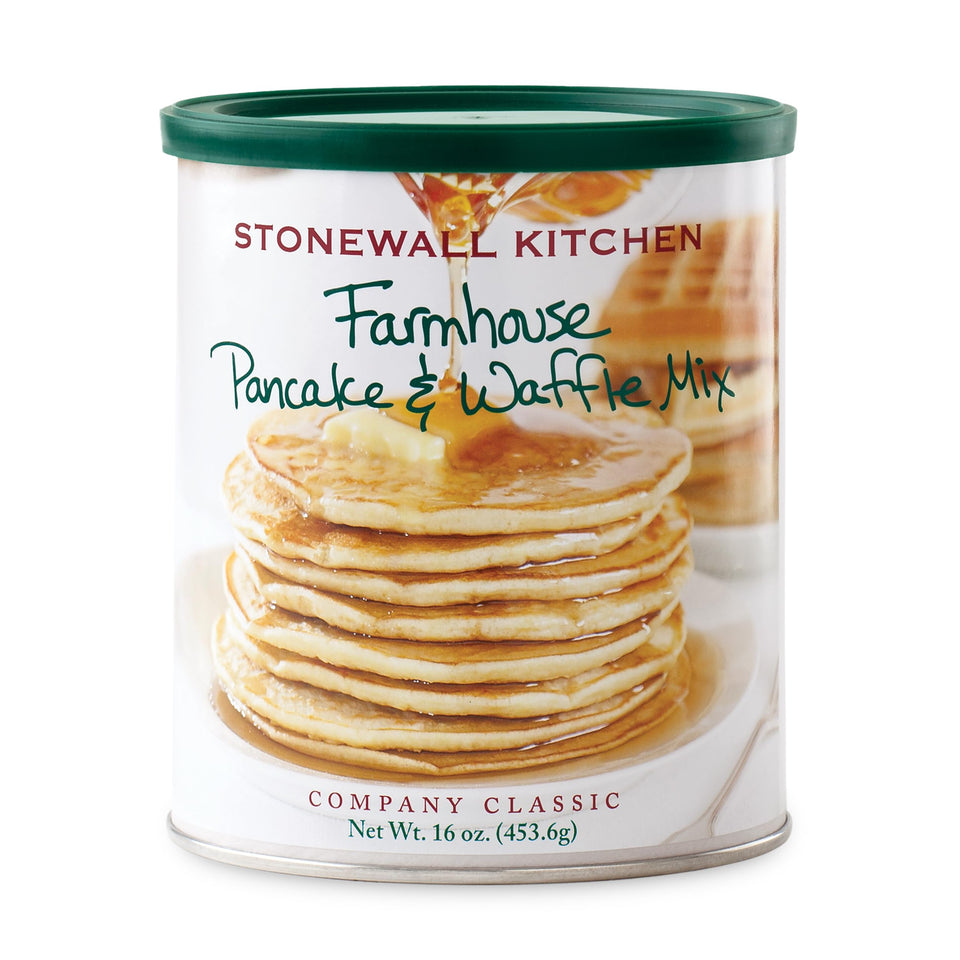 Stonewall Kitchen Farmhouse Pancake & Waffle Mix in a mixing bowl for quick weekend breakfast.