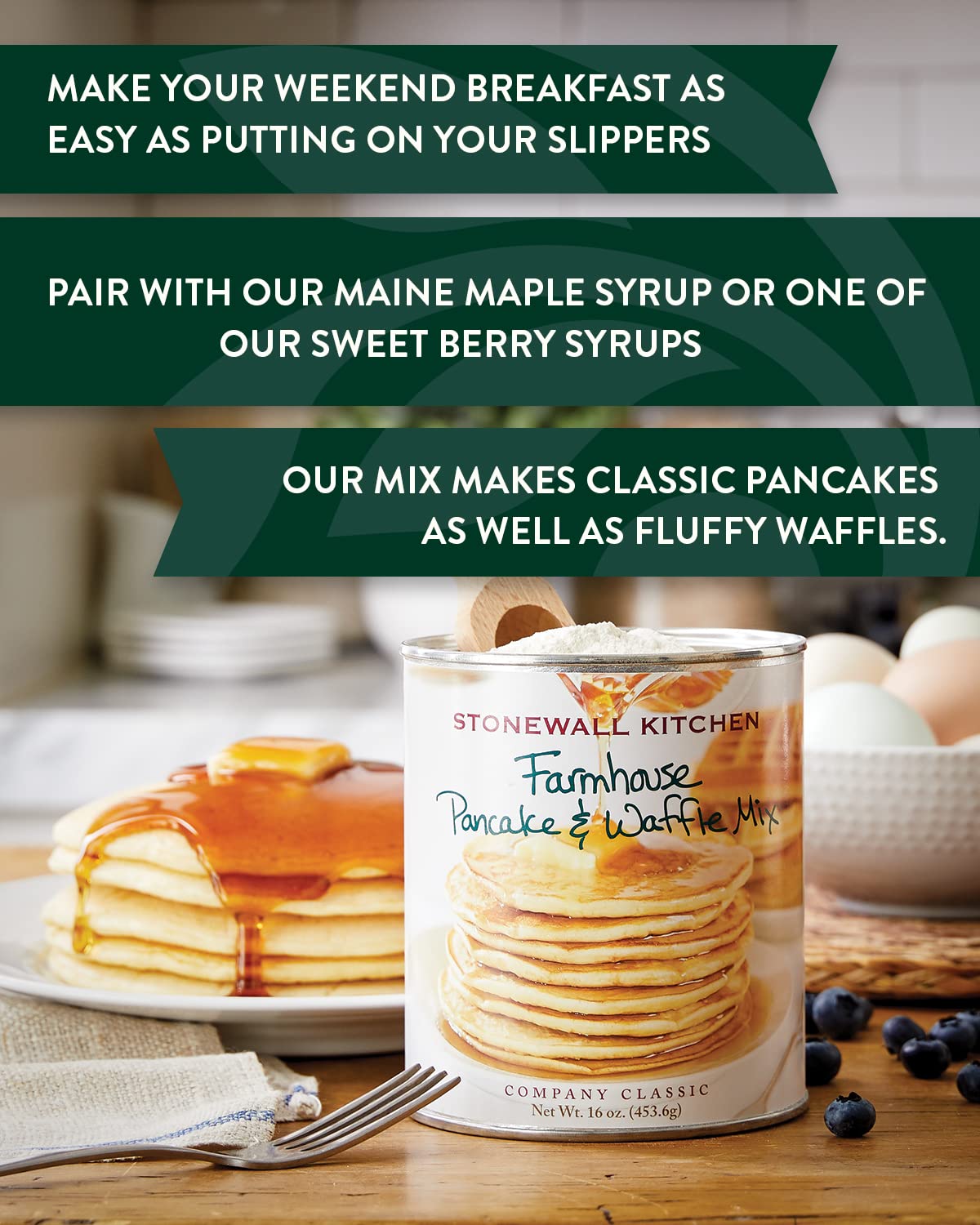 Stonewall Kitchen pancake stack showcasing fluffy result for weekend breakfast.