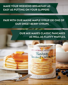 Stonewall Kitchen pancake stack showcasing fluffy result for weekend breakfast.