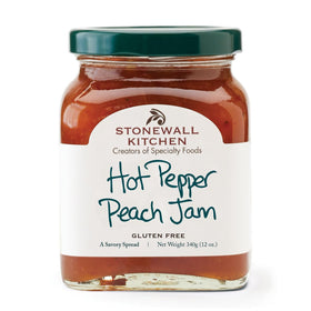 Stonewall Kitchen Hot Pepper Peach Jam jar with cheese pairing.