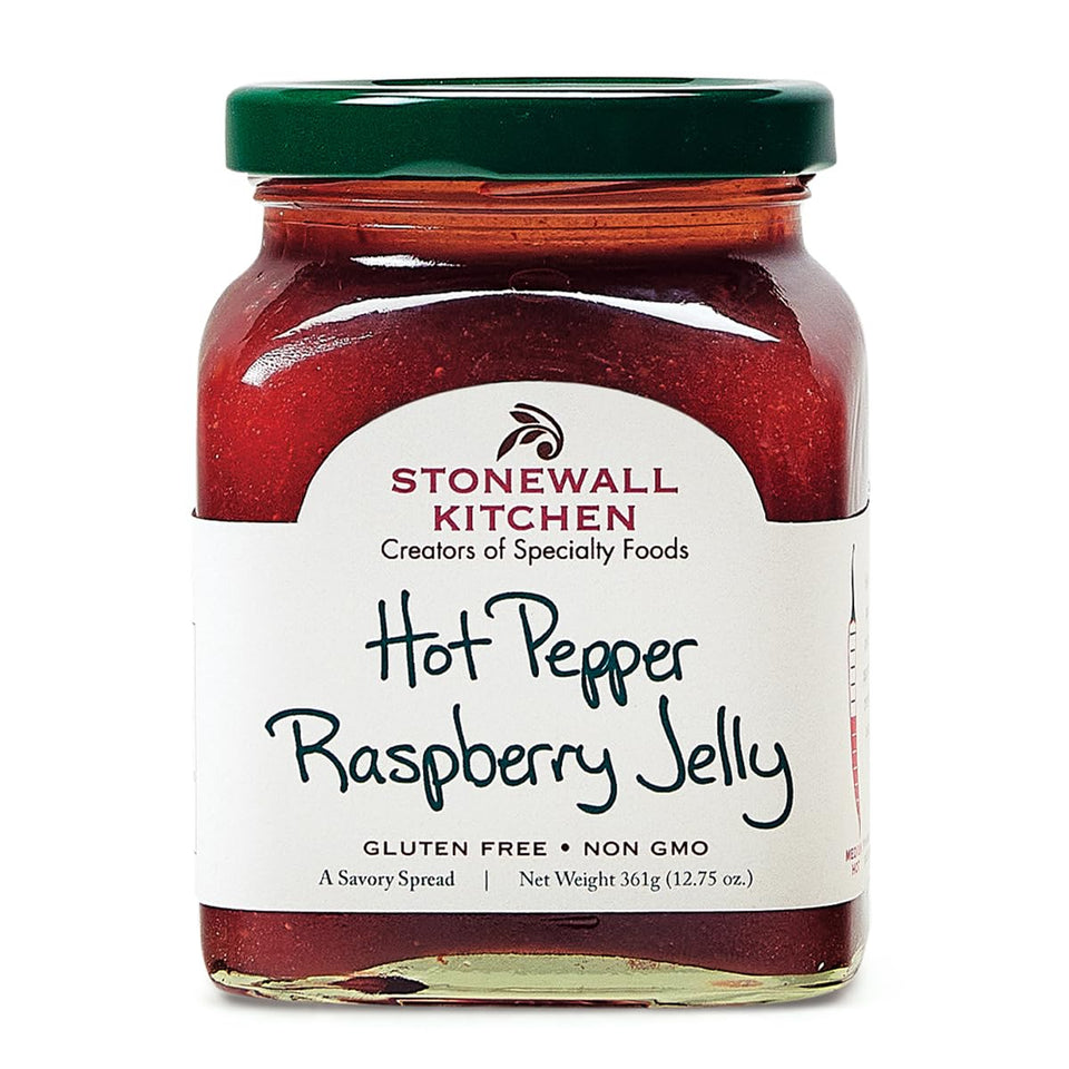 Stonewall Kitchen hot pepper raspberry jelly in a jar, ideal for elevating cheese boards