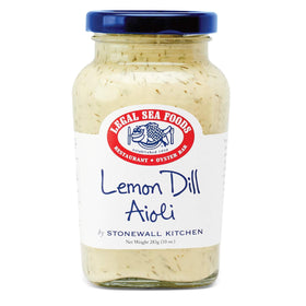 Stonewall Kitchen Legal Sea Foods Lemon Dill Aioli bottle pour enhances seafood with citrus brightness.