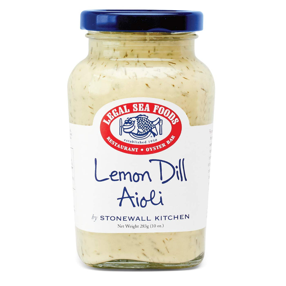 Stonewall Kitchen Legal Sea Foods Lemon Dill Aioli bottle pour enhances seafood with citrus brightness.