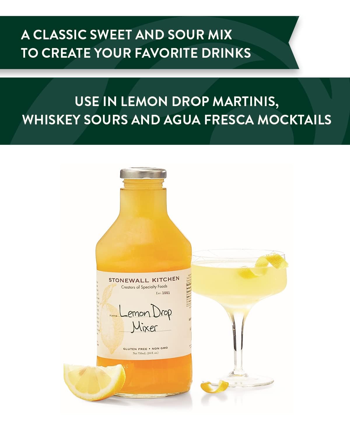Close-up of Stonewall Kitchen Lemon Drop Mixer label emphasizing premium ingredients