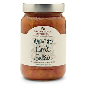 Stonewall Kitchen Mango Lime Salsa jar highlights vibrant mango and lime pieces for dipping.