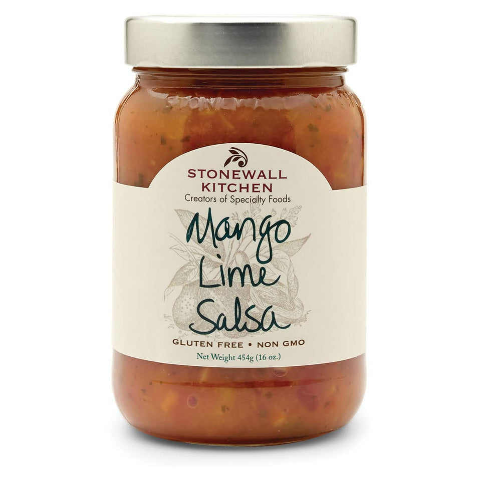 Stonewall Kitchen Mango Lime Salsa jar highlights vibrant mango and lime pieces for dipping.