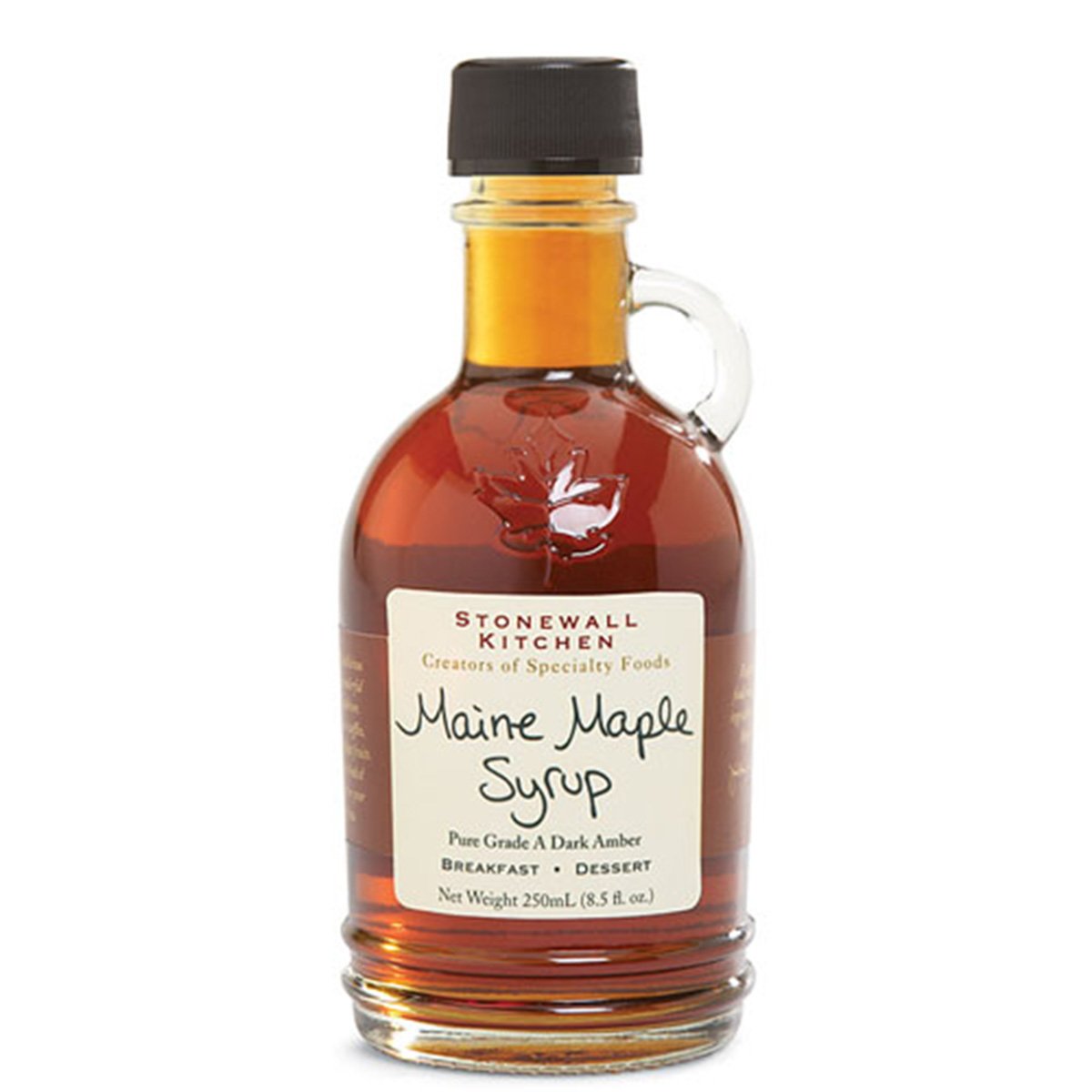 Stonewall Kitchen maple syrup close-up, premium topping for pancakes.