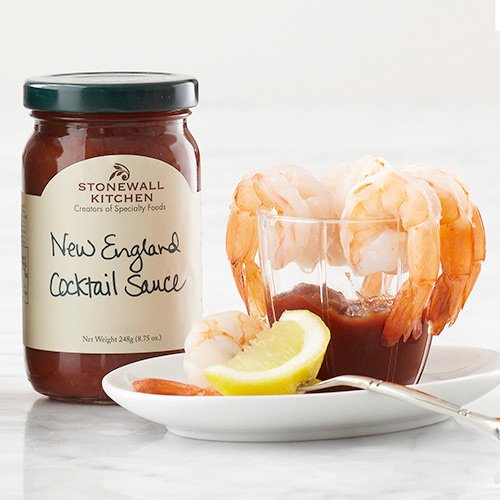 Stonewall Kitchen New England Cocktail Sauce on a dipping plate—perfect for shrimp