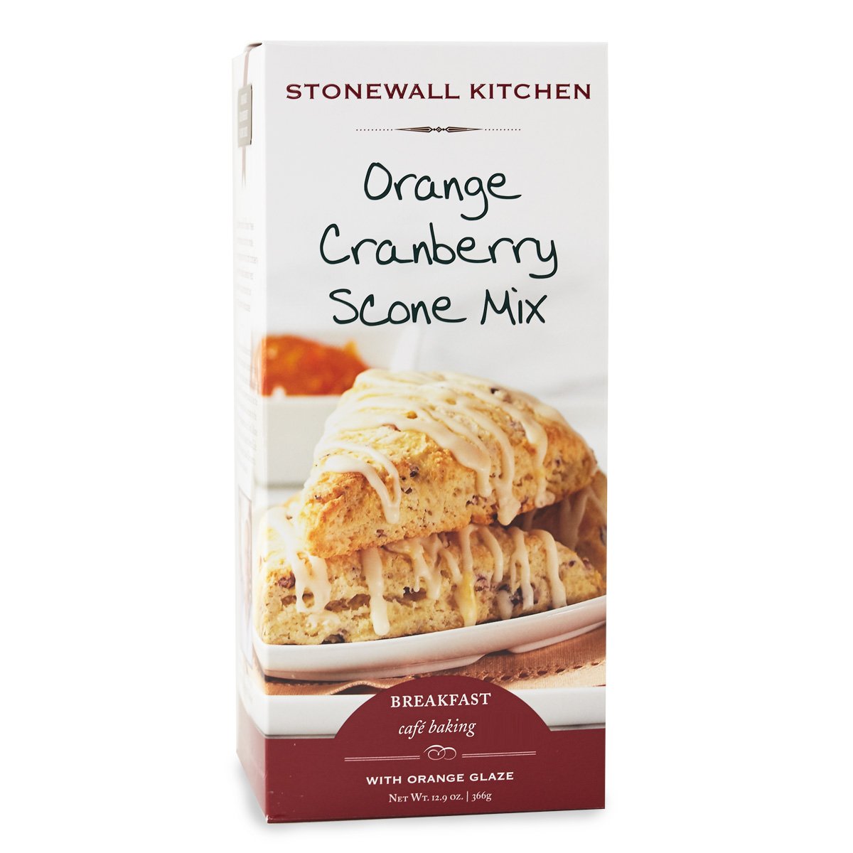 Stonewall Kitchen Orange Cranberry Scone Mix package shows tart cranberries and bright orange aroma.