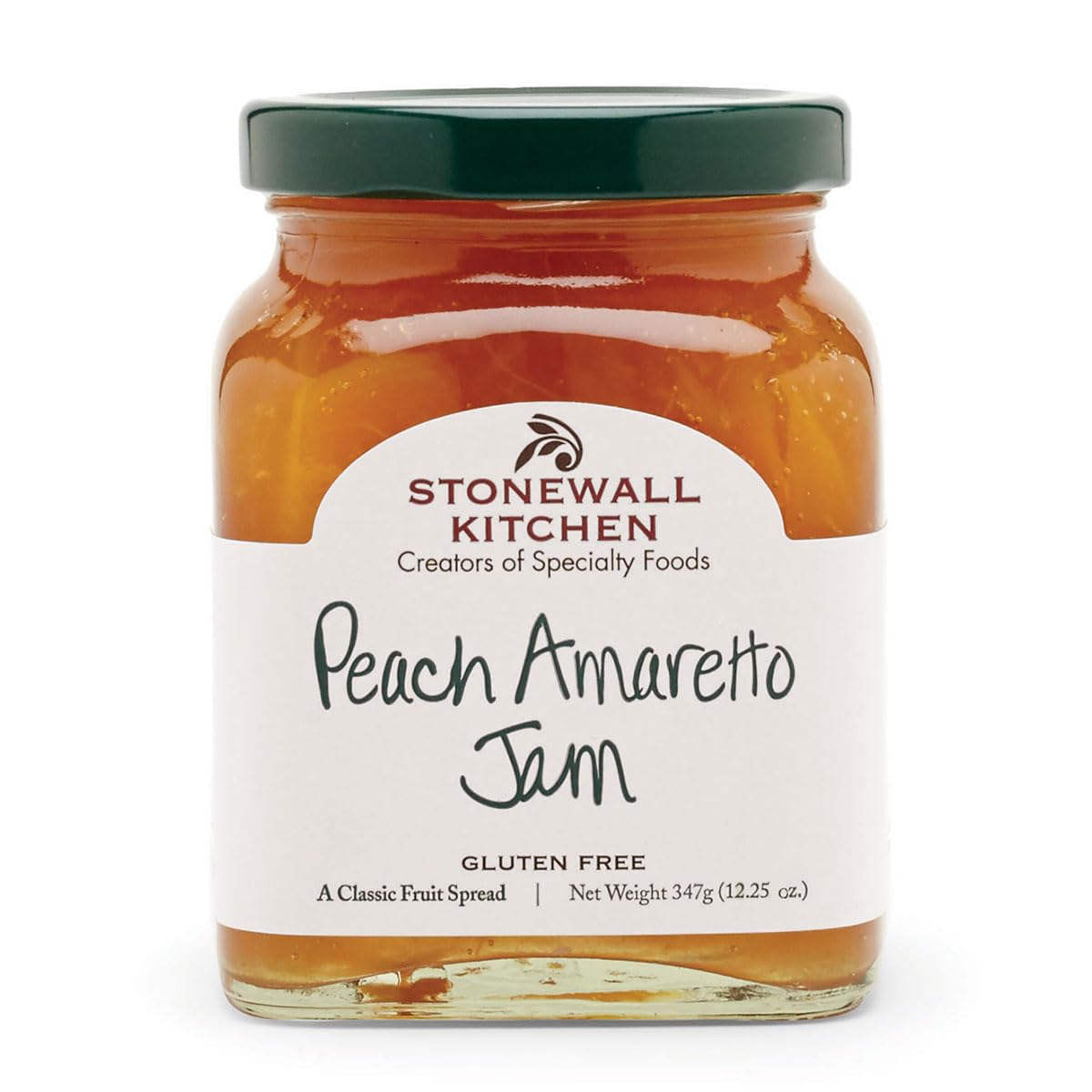 Stonewall Kitchen Peach Amaretto Jam 12.5 oz jar with sunny peaches, ideal on toast.