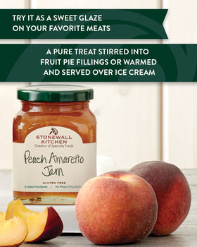 Stonewall Kitchen Peach Amaretto Jam spread on toast with bright peach flavor.