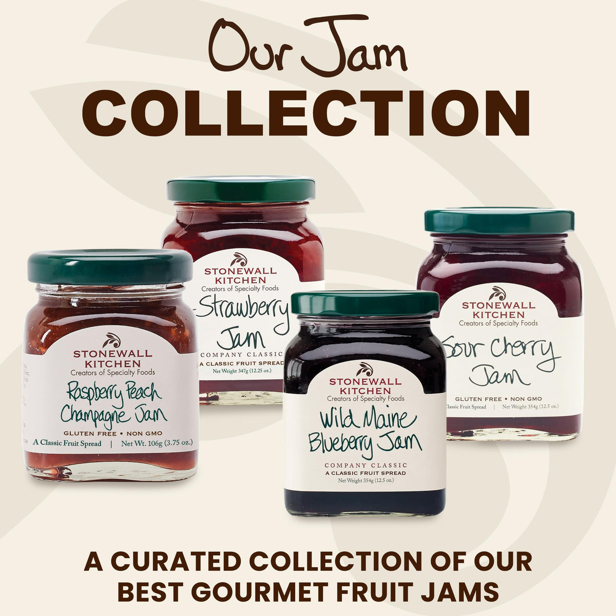 Stonewall Kitchen Raspberry Peach Champagne Jam jar shown for brunch and toast