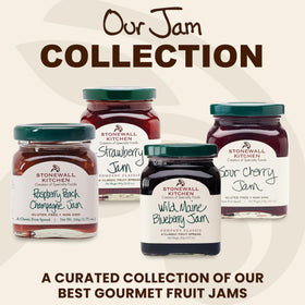 Stonewall Kitchen Raspberry Peach Champagne Jam jar shown for brunch and toast