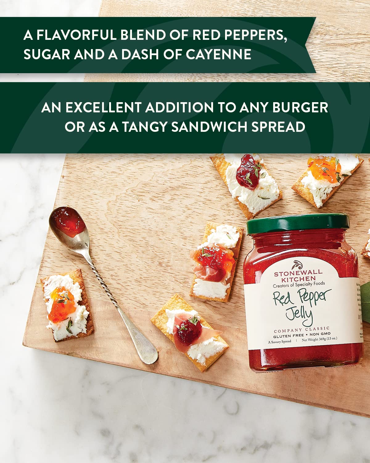 Stonewall Kitchen Red Pepper Jelly as a burger topping adds tangy sweetness.