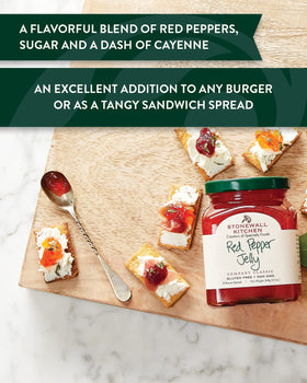 Stonewall Kitchen Red Pepper Jelly as a burger topping adds tangy sweetness.