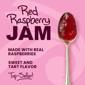 Stonewall Kitchen red raspberry jam jar on kitchen counter, pantry-ready