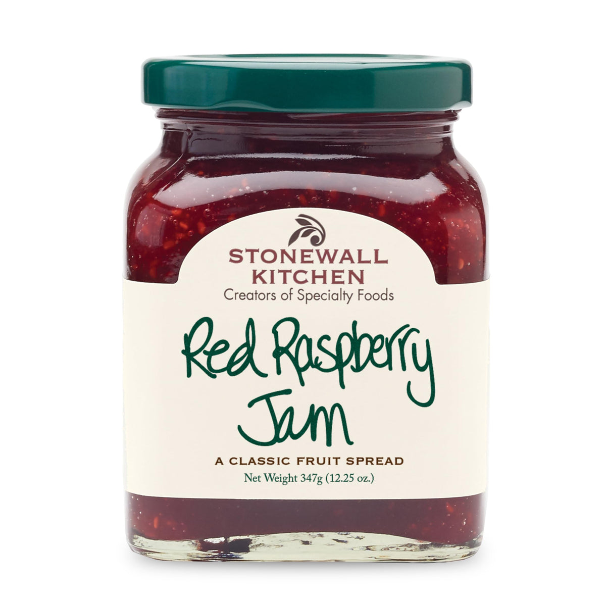 Stonewall Kitchen red raspberry jam jar label close-up for premium fruit spread