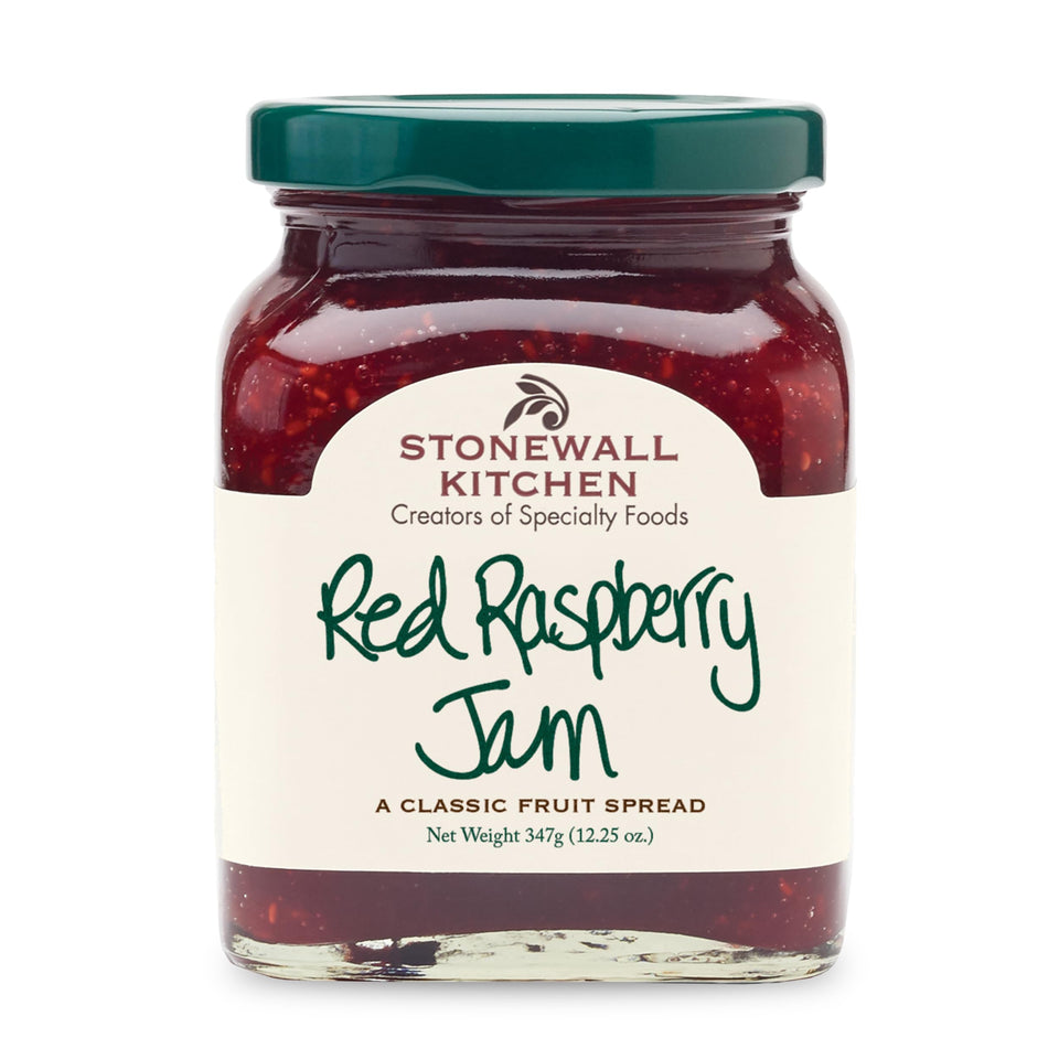 Stonewall Kitchen red raspberry jam jar label close-up for premium fruit spread