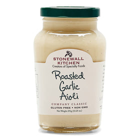 Stonewall Kitchen Roasted Garlic Aioli jar shows creamy texture for dipping.
